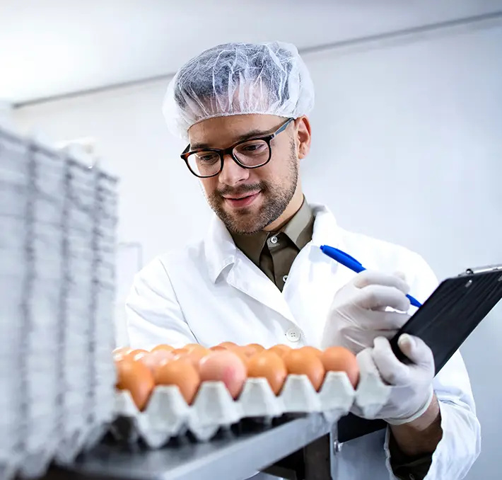A person in a lab coat, hair net, and gloves inspects eggs on a tray, holding a clipboard and pen in a laboratory setting.