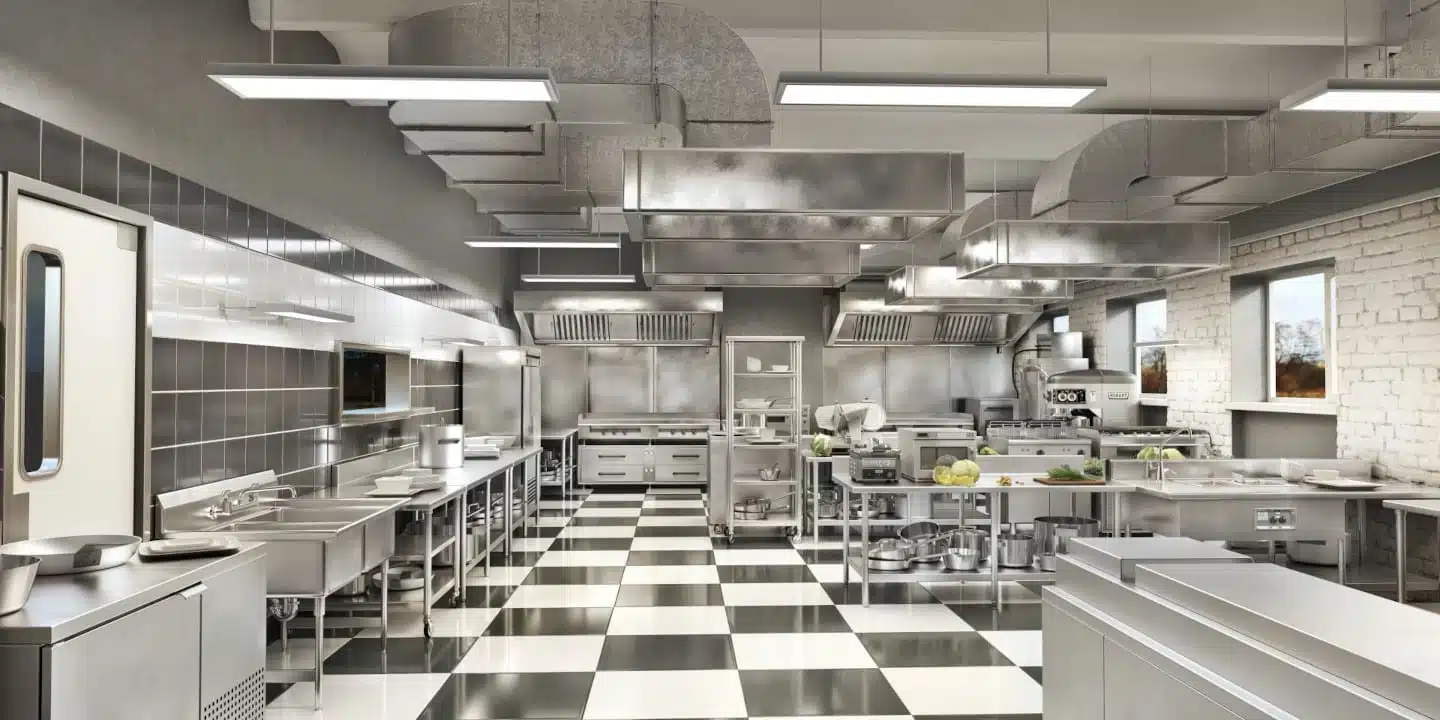 A modern commercial kitchen with stainless steel appliances, checkered tile floor, prep tables, and industrial ventilation ducts.